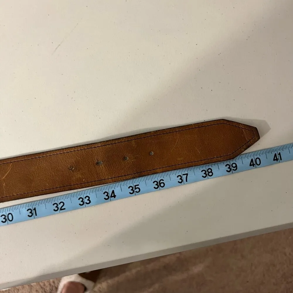 Vintage 90s Soft Tan Genuine Leather Chunky Brass Buckle Belt Size M/L Size M - Image 8