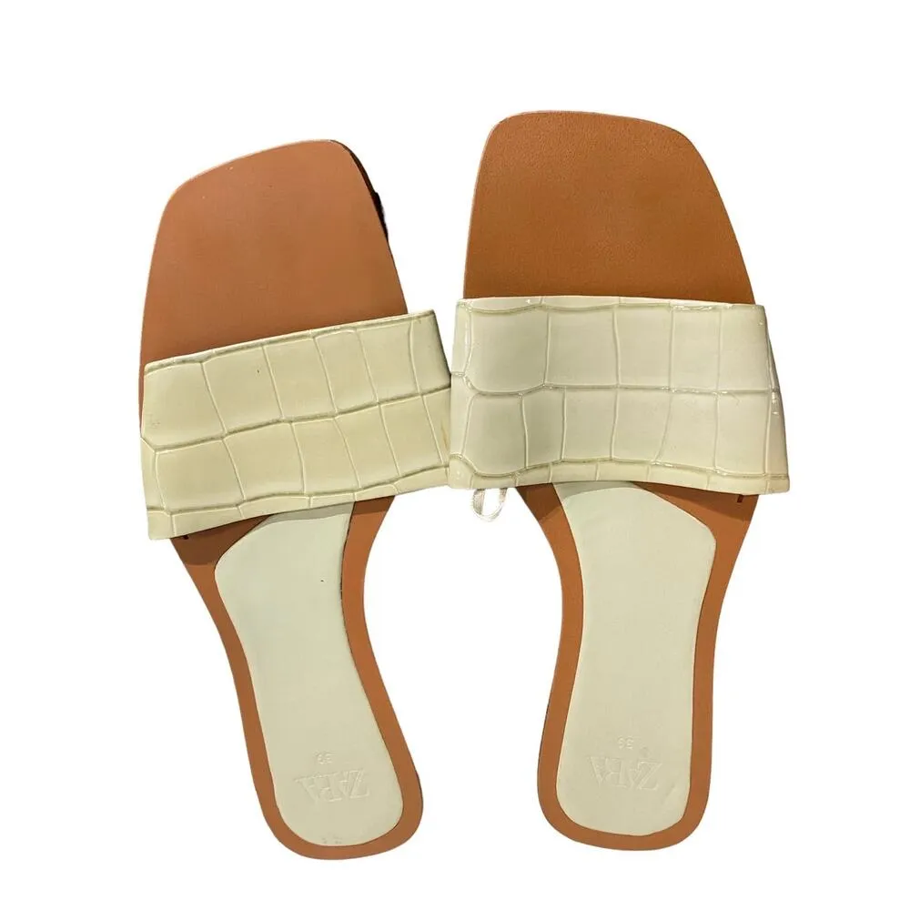 Zara Sage Green Faux Patent Leather Flat Sandals Sz 8.5 - Image 2