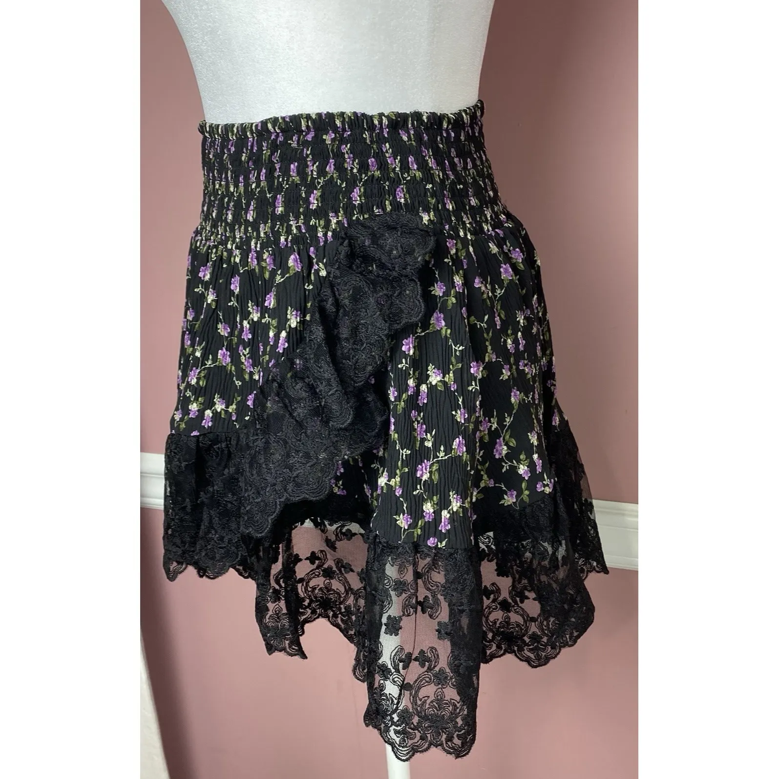 Muche & Muchette Mini Skirt‎ Lace Black/Purple Floral Lined Women's One Size S/M Size M - Image 5
