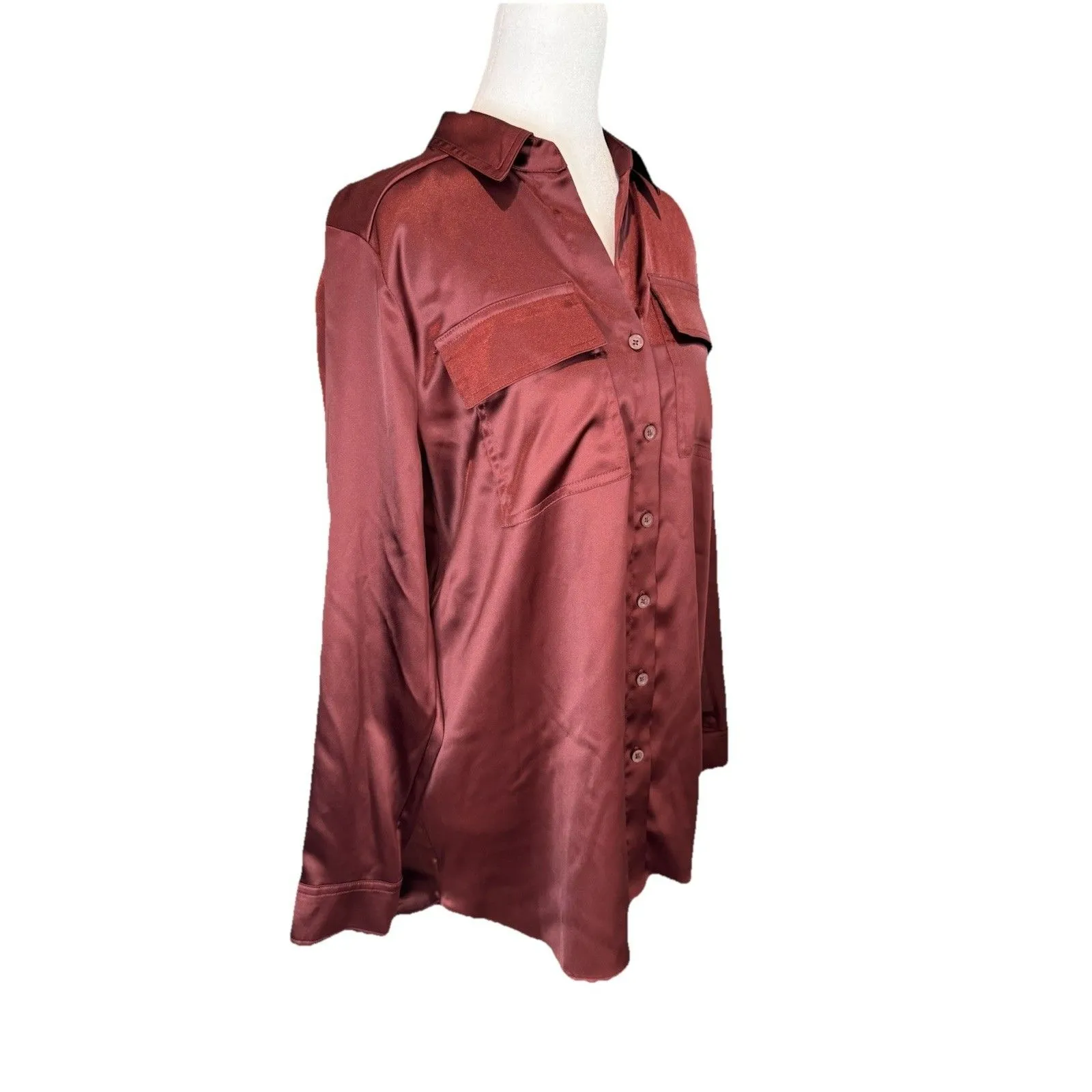 Simply Vera Vera Wang Shirt Size S Burgundy Plum Satin Utility Pockets Women's - Image 5
