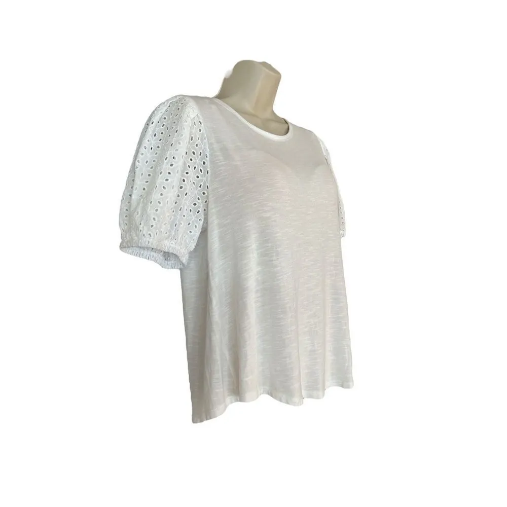 Cupio Eyelet Short Sleeve Blouse Top Round Neck Sz Medium White - Image 2