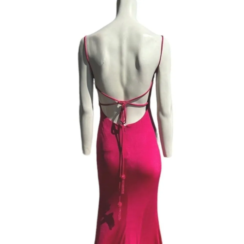 Jovani Shimmer Tassel Tie Open Back High Leg Slit Gown Pink Size 0 NWT - Image 3