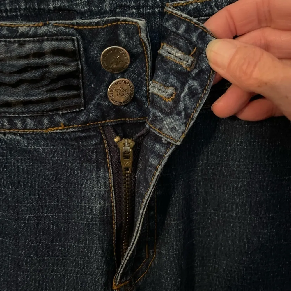 Americana Blues Y2K wide leg jeans with blue & black velvet zebra detail. Size 10 - Image 5