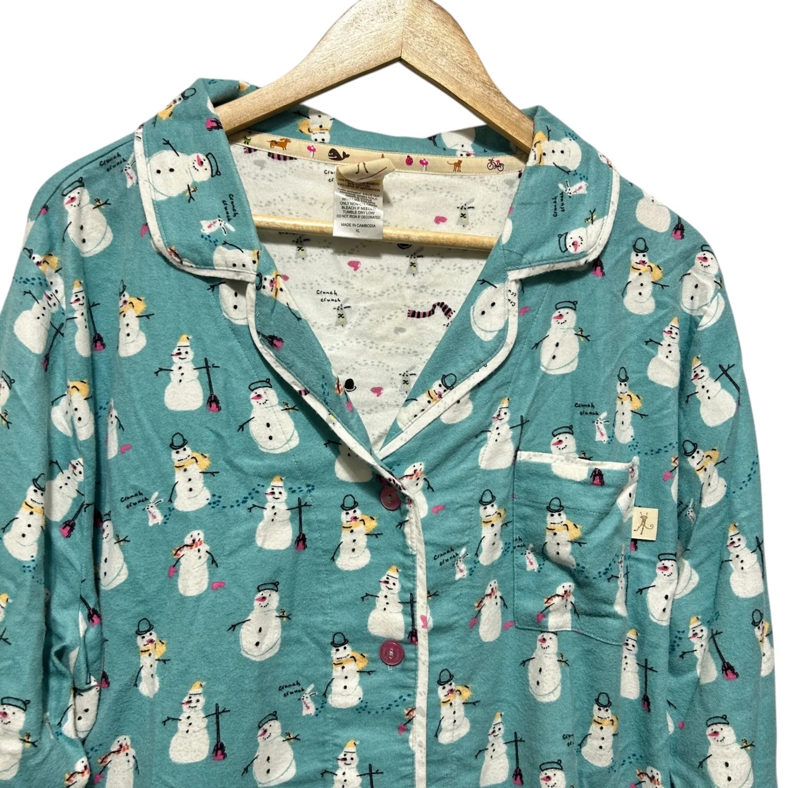 Munki Munki Womens Pajama Top‎ XL Teal Snowman Print Cozy Holiday Whimsy Lounge - Image 3