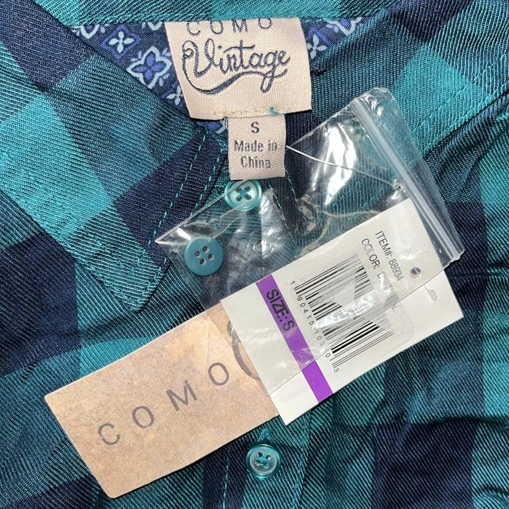Como Vintage NWT Size S Teal & Navy Blue Plaid Button Down Shirt Top - Image 4