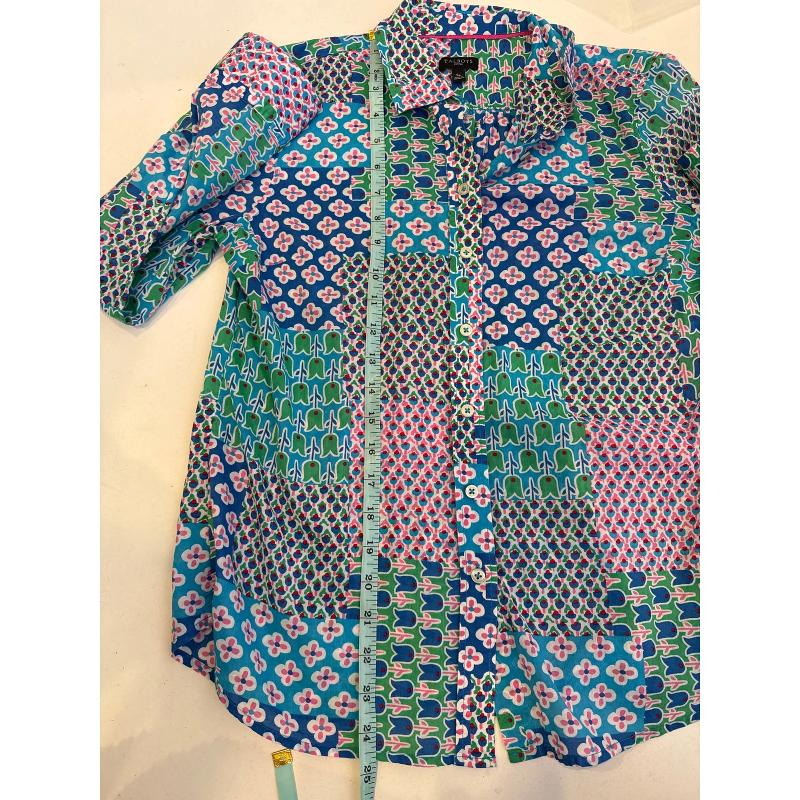 Talbots Floral Tulip Patchwork Colorful Long Sleeve Button Shirt EUC Sz S Petite - Image 8