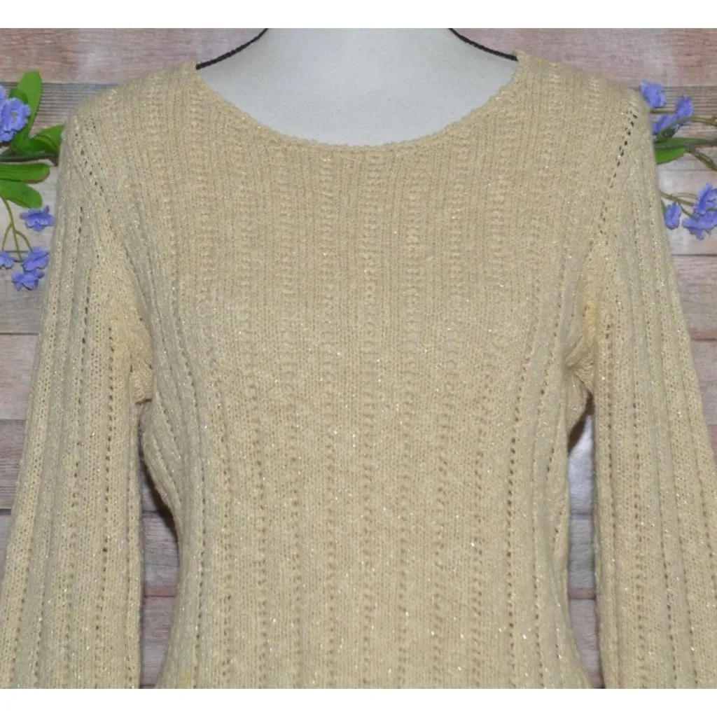 Carolyn Taylor Beige Metallic Ribbed Chunky Knit Sweater Size M Ramie Cotton - Image 2