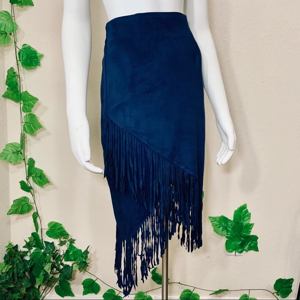 En Creme Suede Blue Navy Fringe Bohemian Skirt - Image 5