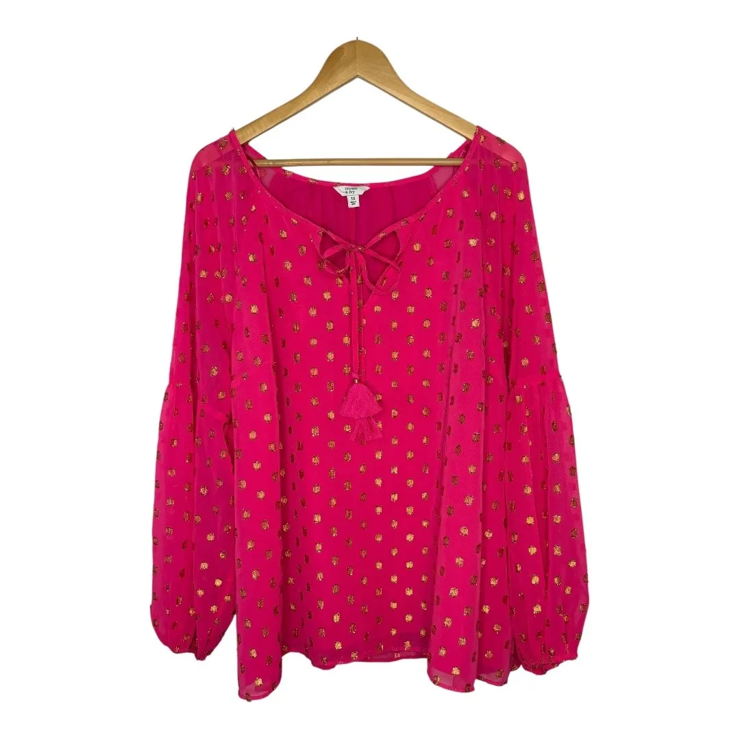 Crown & Ivy Pink Fuchsia Peasant Top Gold Foil‎ Dots Women Plus Size 3X - Image 2