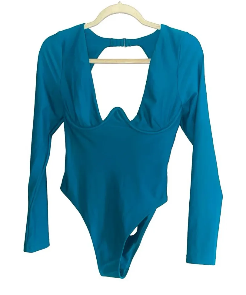 Andrea Iyamah Amar One Piece Long Sleeve Swimsuit Ocean Blue Size M NWT - Image 1