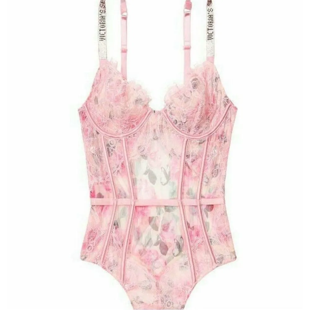 Womens Victorias Secret Call Me Rose Floral Rhinestone Bling Strap Bodysuit Sz L - Image 3