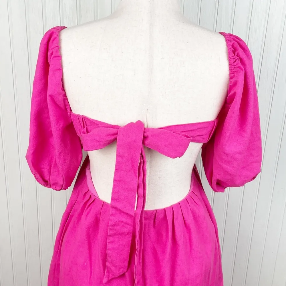 OPT April Scalloped Hem Cutout Tie Back Mini Dress Puff Sleeves Linen Size Small - Image 9