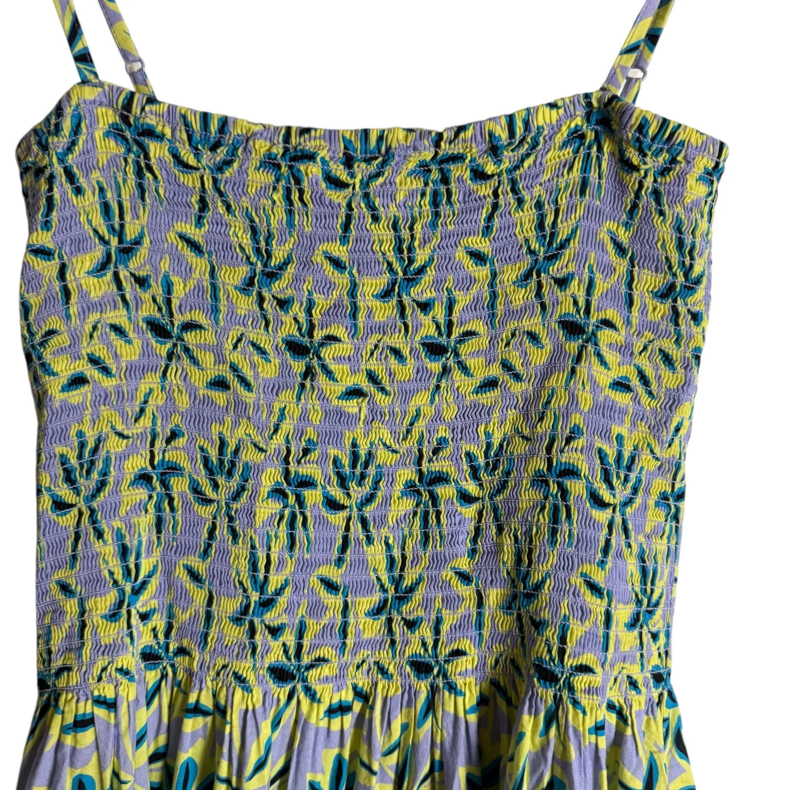 Solid & Striped Kennedy Green Tropical Floral Print Smocked Eyelet Midi Dress M - Image 9