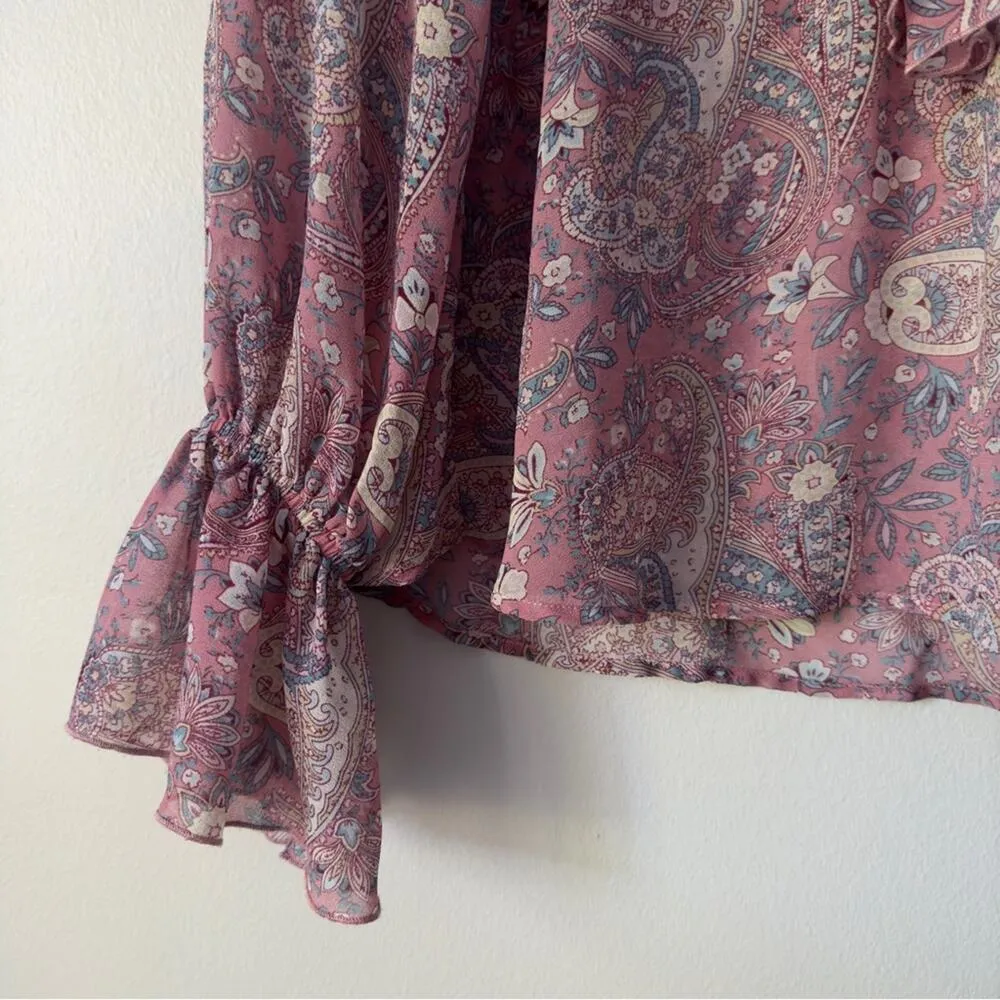 Show Me Your MuMu Sheer Long Sleeve Peasant Top Floral Paisley Lace Up Neckline - Image 6