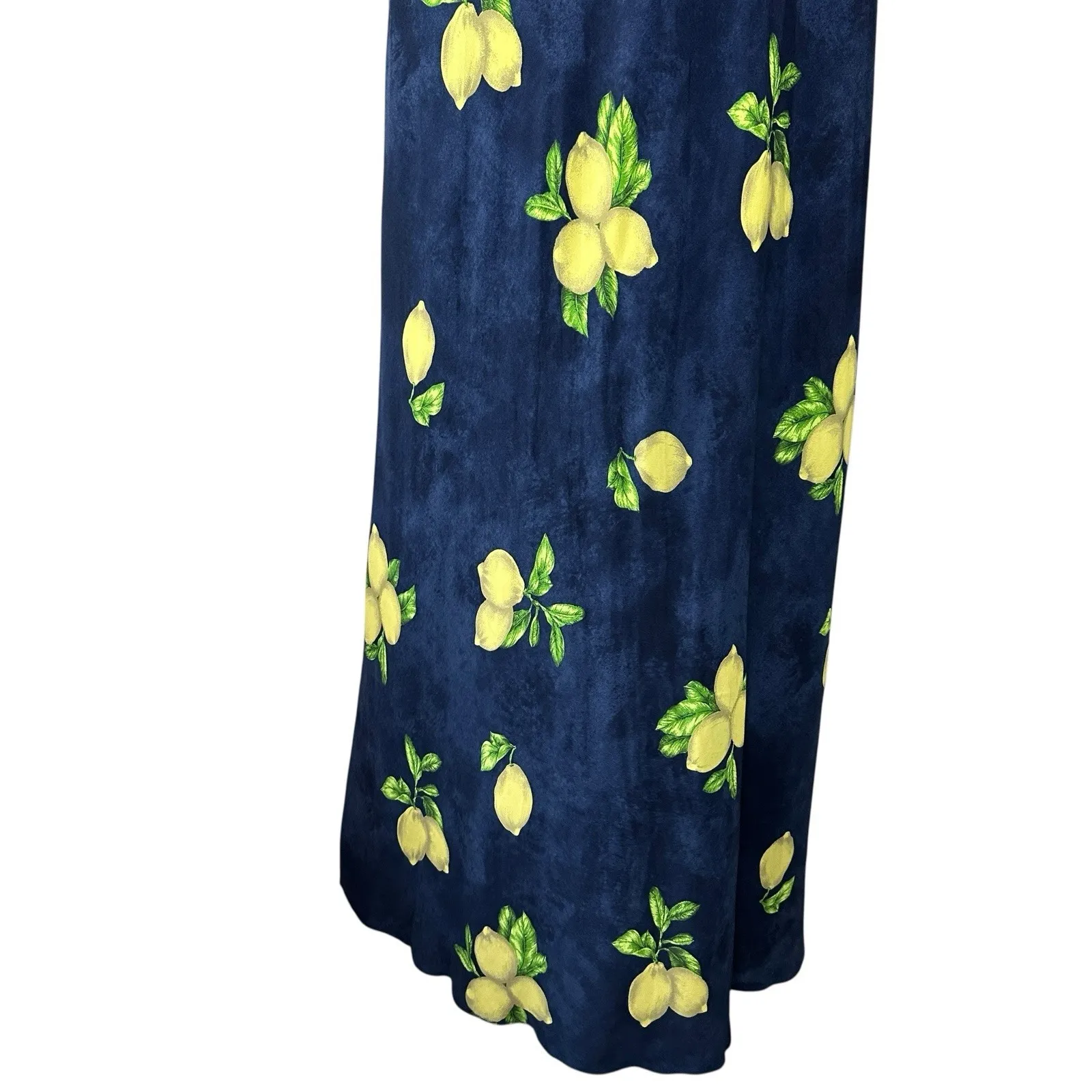 VTG Jessica Howard Petite 14 Lemon Print Maxi Dress Navy Blue Fruit Summer - Image 10