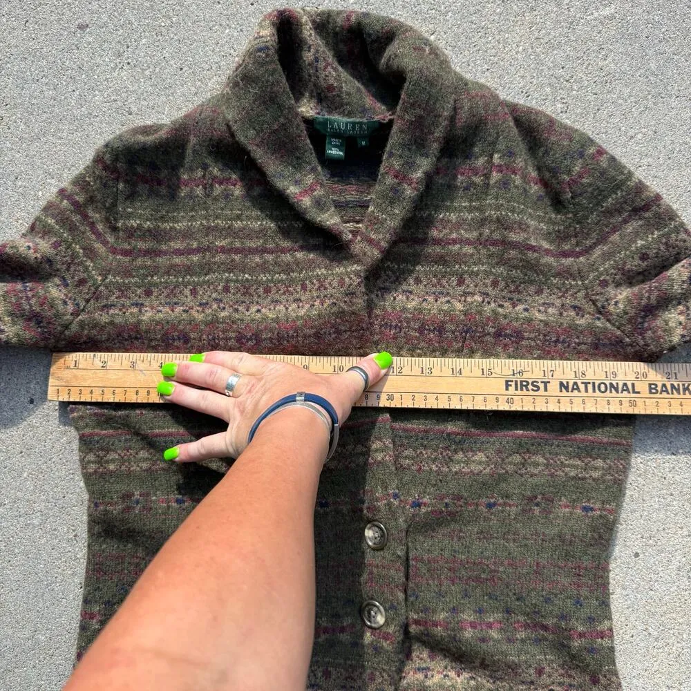 Vintage Lauren Ralph Lauren Lambswool Olive Green Fair isle Cardigan Sweater MED - Image 6