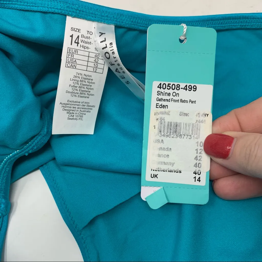 Seafolly Shine On Gathered Retro Bikini Bottom Brief Size 10 Eden Blue NWT - Image 4
