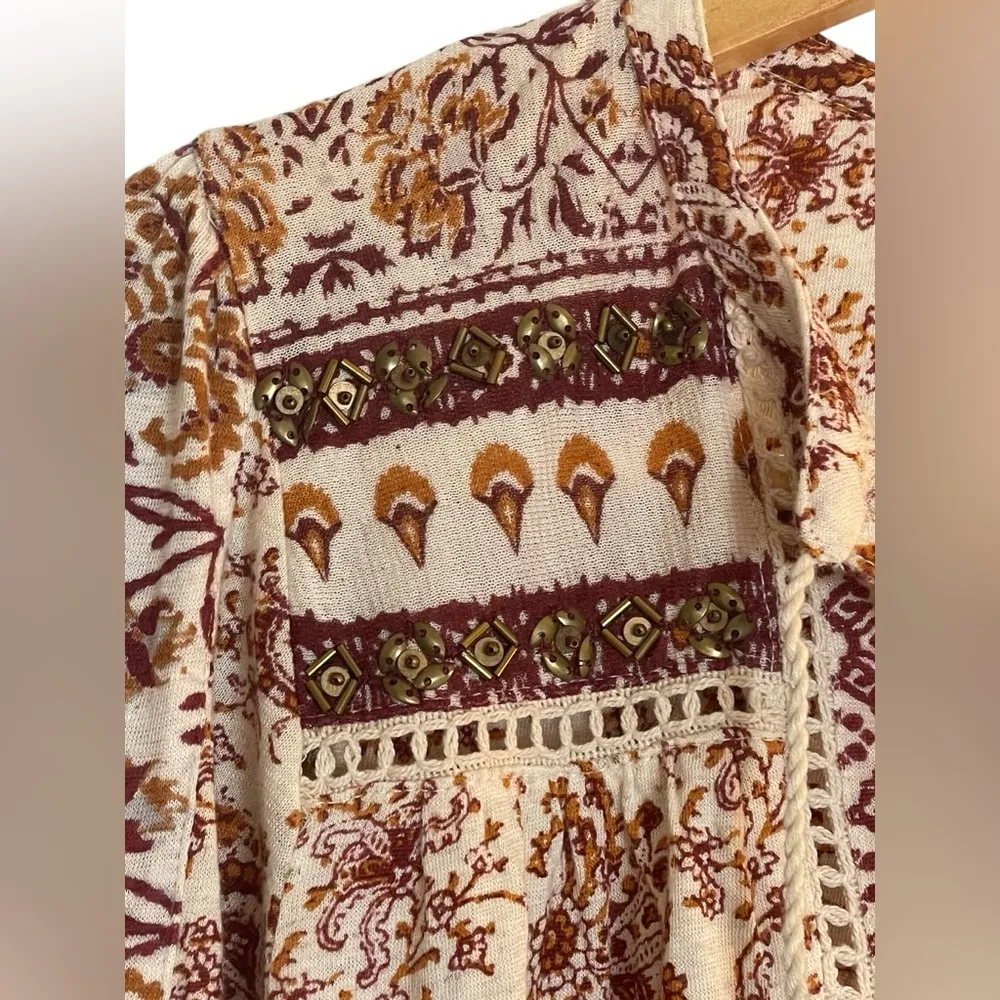 Lucky Brand Boho Floral Flowy Blouse Medium Bohemian Hippie Southwestern Tassels - Image 3