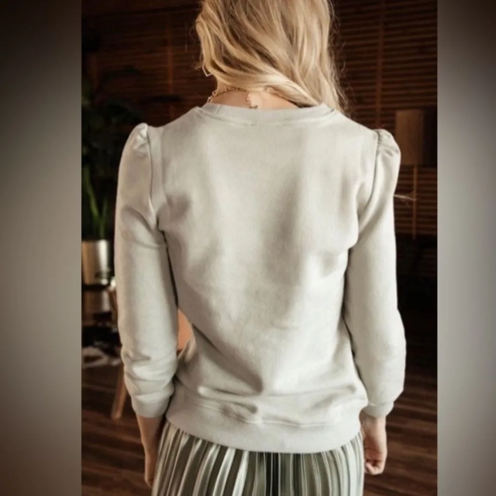 Bohme Light Green Textured Puff Shoulder Sweatshirt Cozy Neutral XS - Image 11