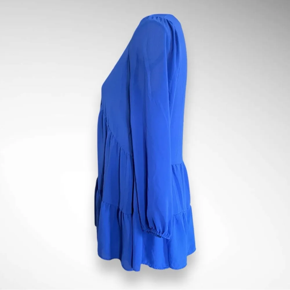 MELLODAY Blue Tiered V-Neck Long Sleeve Babydoll Tunic Mini‎ Dress Small | EUC - Image 2