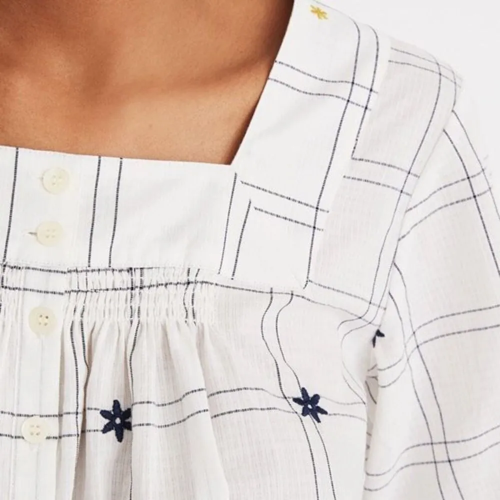 Madewell Embroidered Windowpane Square-Neck Button-Down‎ Top White White Wash XS - Image 4
