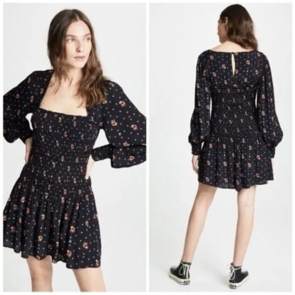 two faces black smock drop waist long puff sleeve min dress - Image 2