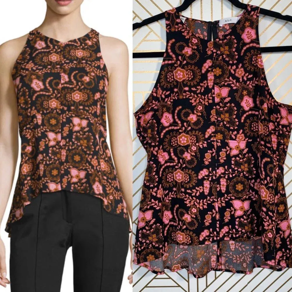 ALC A.L.C. Stuart Blouse Tank Top Top Sleeveless Henna Paisley‎ Silk Pink Size 2 - Image 2