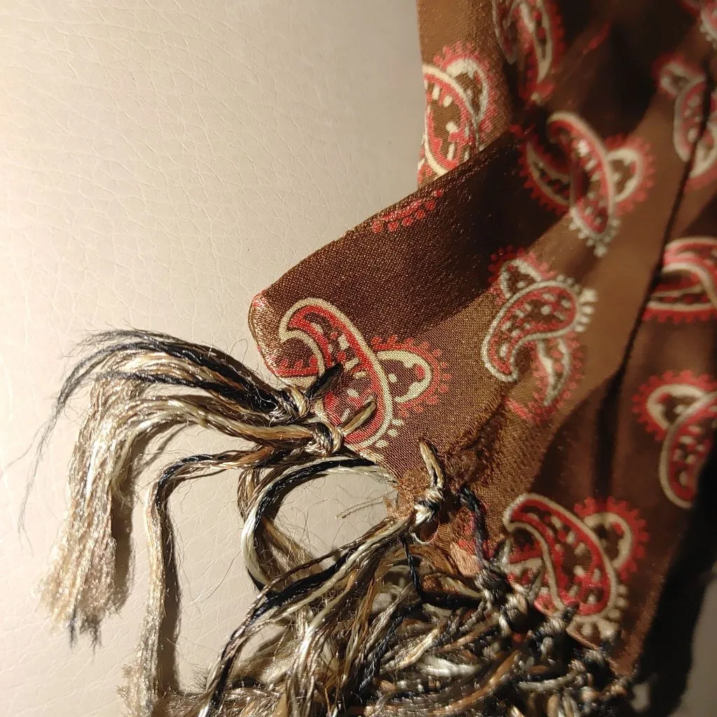 Brown Paisley Satin Scarf Vintage Fringe Trim 42 by 11 Inches Unisex Luxurious - Image 6