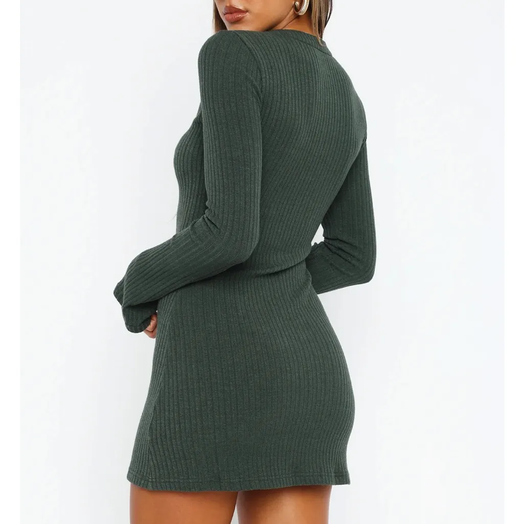 White Fox Boutique Live In The Moment Long Sleeve Mini Dress Dark Green - Image 3