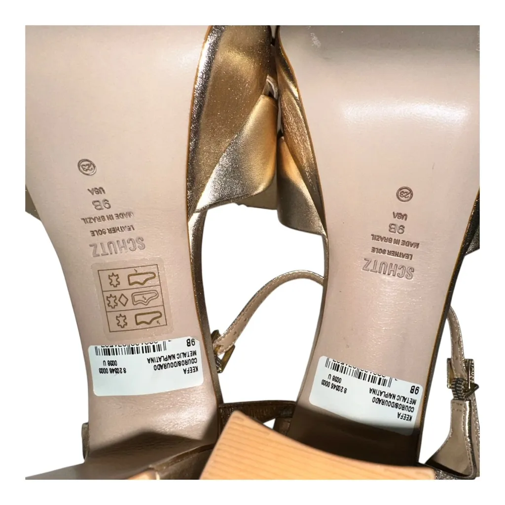 NWOB SCHUTZ Keefa Platform Block Heel Platina Leather Strappy Gold Metallic - 9B - Image 7