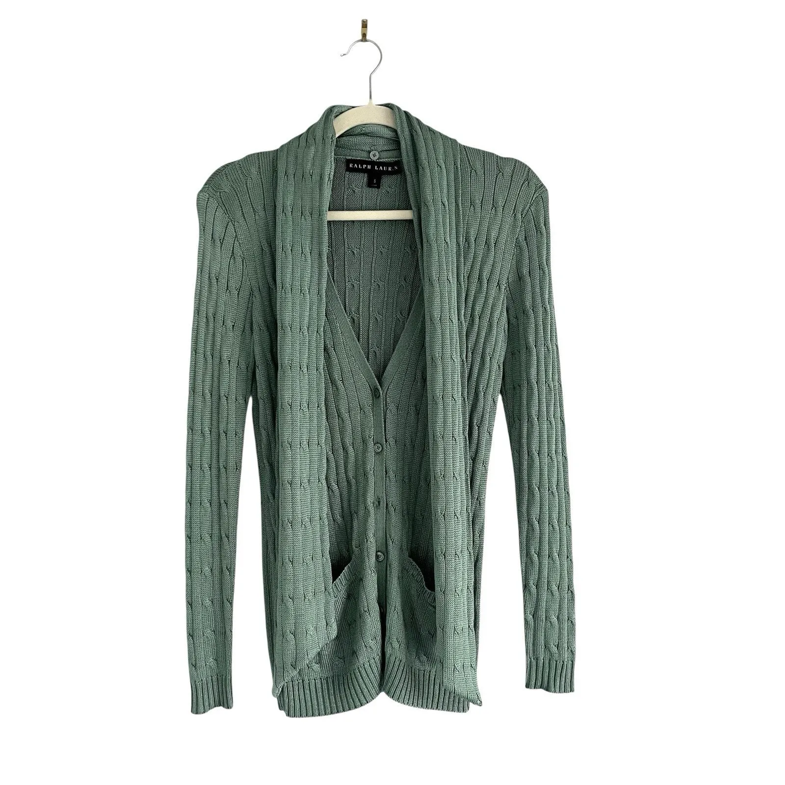 Ralph Lauren Black Label Cable Knit Silk Cardigan Green Sz Small chic Sweater - Image 2