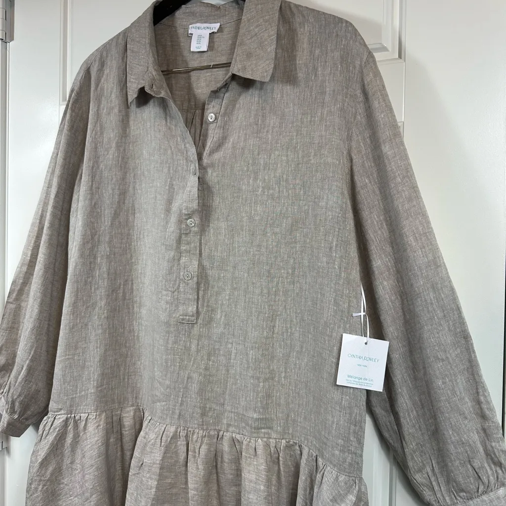 Cynthia Rowley Classic Tan Linen Blend Bubble Hem Long Sleeve Dress Size XL NWT - Image 5