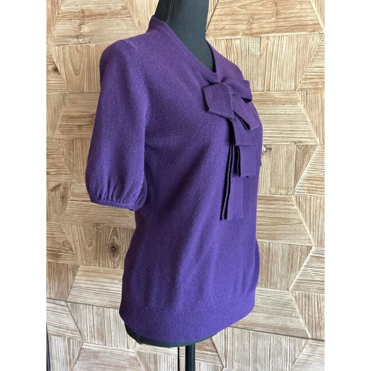 Womens Tie Neck Short Sleeve Sweater Top Purple Knit Preppy - Image 3