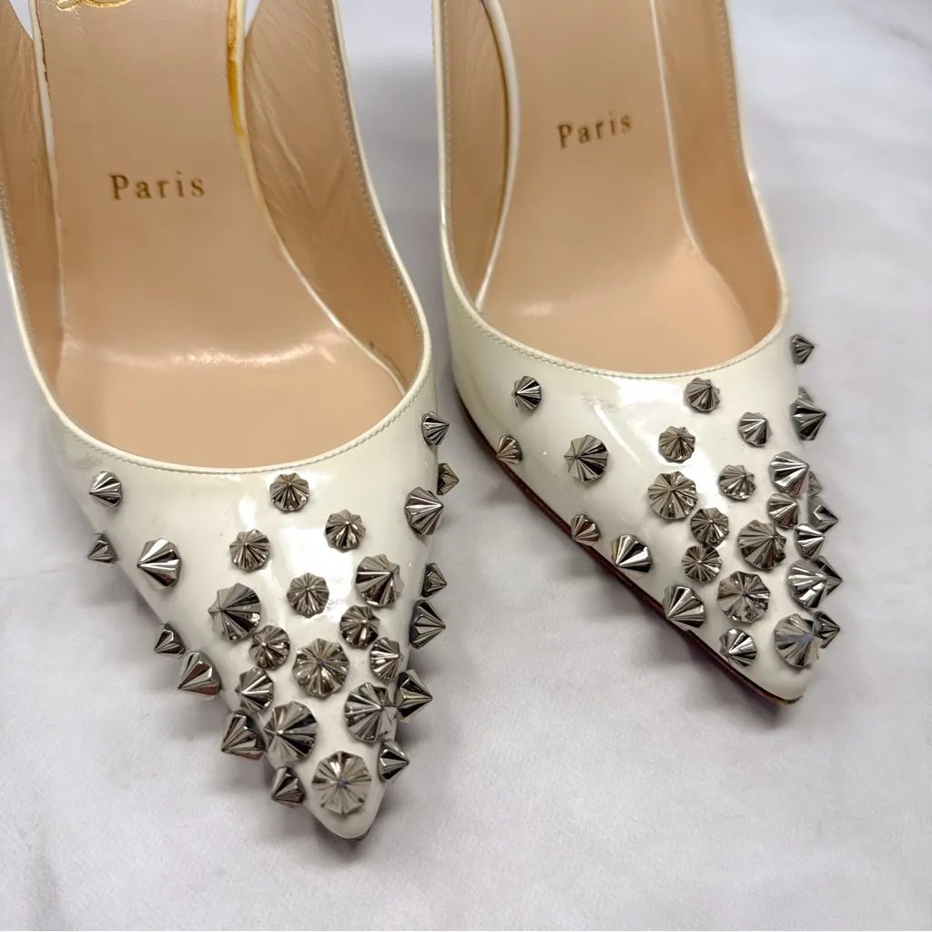 Christian Louboutin Drama Sling 100 Studded Patent Leather Slingback Heels Latte - Image 7