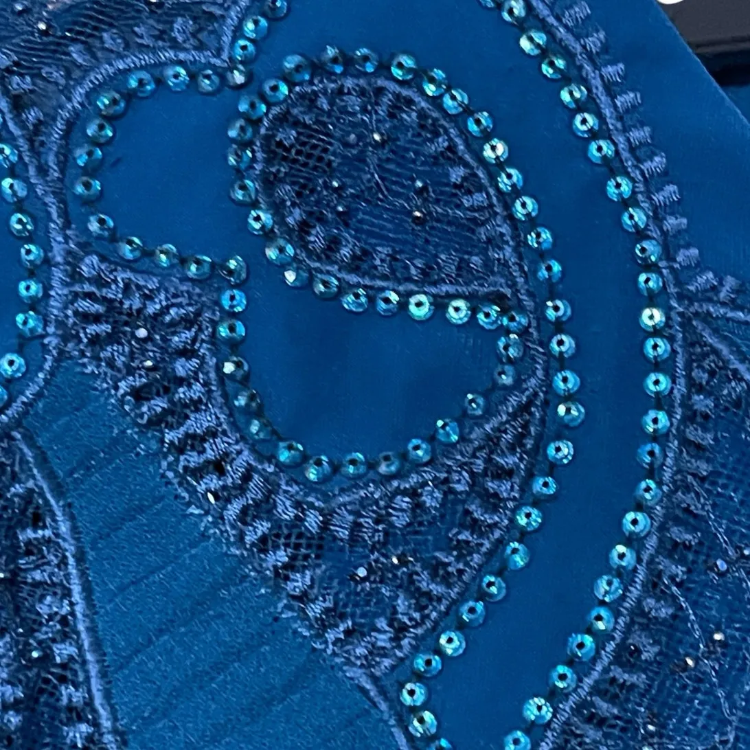 Sachin & Babi NEW Size 10 Moroccan Blue Crepe Embroidered Wren Cape Maxi Gown - Image 7