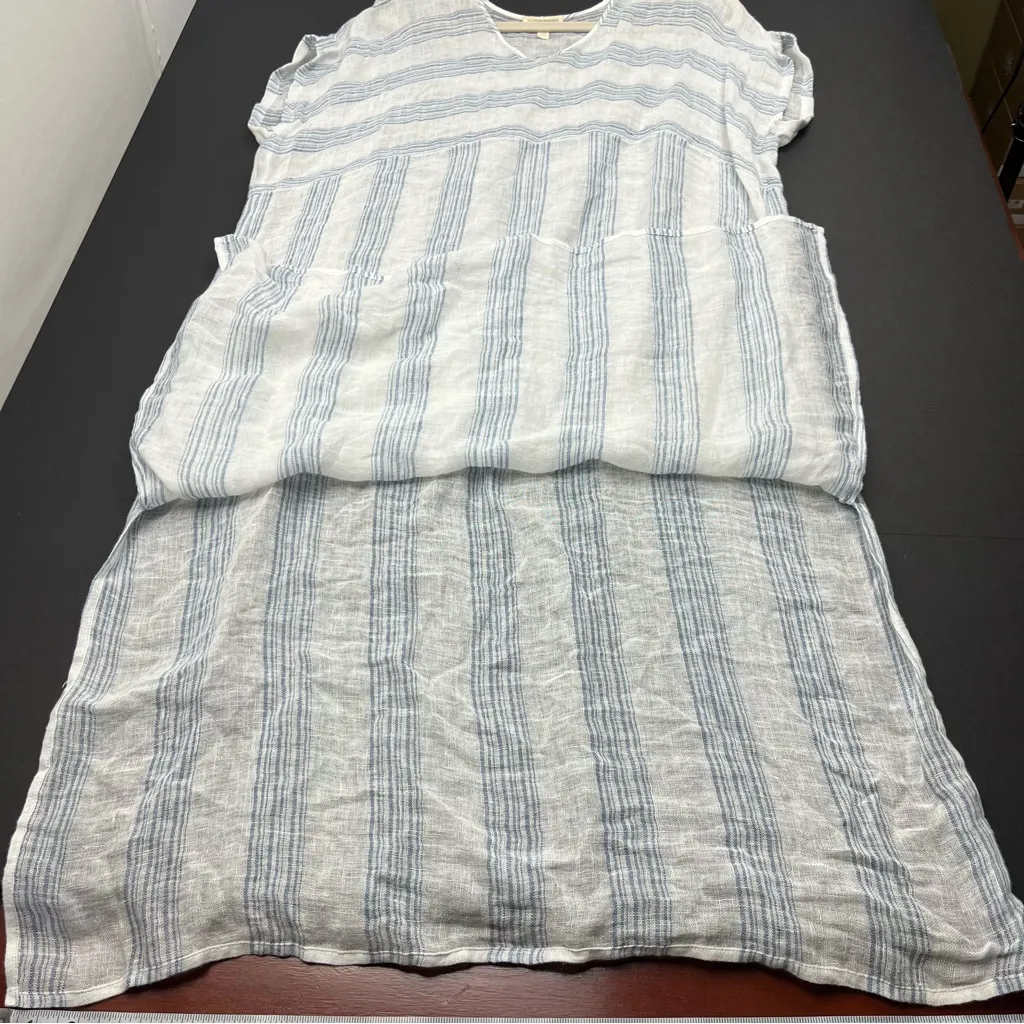 Eileen Fisher Organic Linen Caftan Dress Thin Gauze Unlined Size XXS‎ Blue White - Image 10