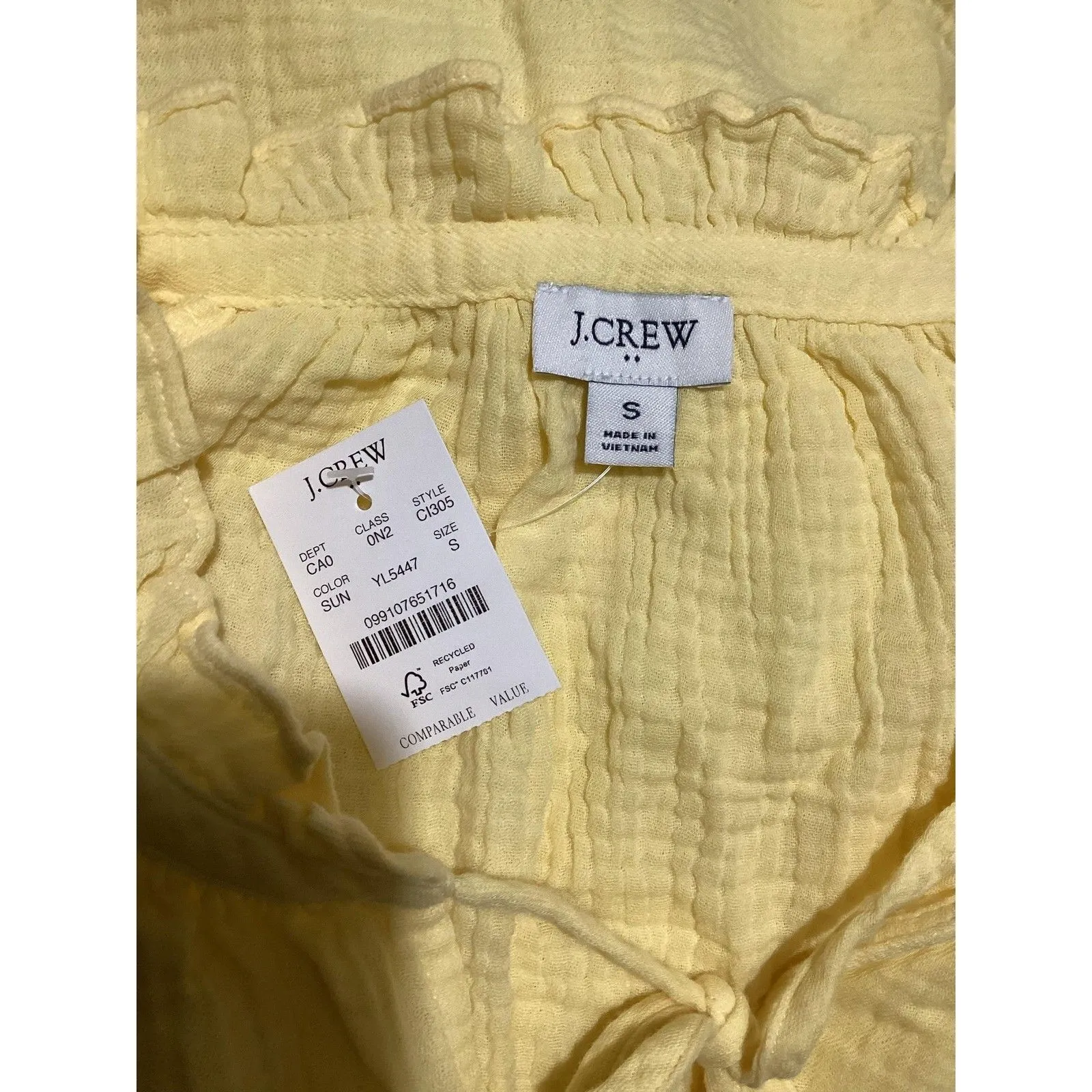 J Crew Shirt Womens Small Yellow Gauze Ruffle Tie Neck Long Sleeve Pullover Top - Image 4