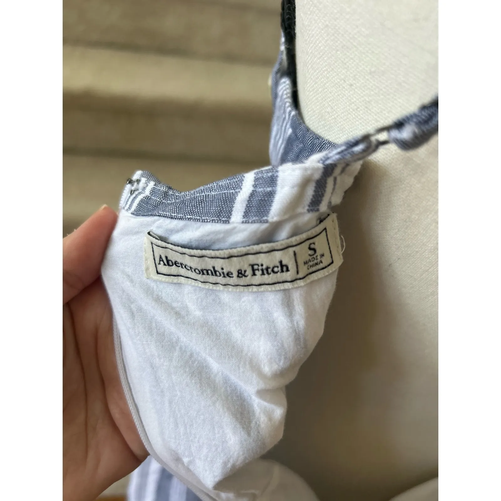 Abercrombie & Fitch Blue & White Linen Blend Striped Midi Dress - Image 5