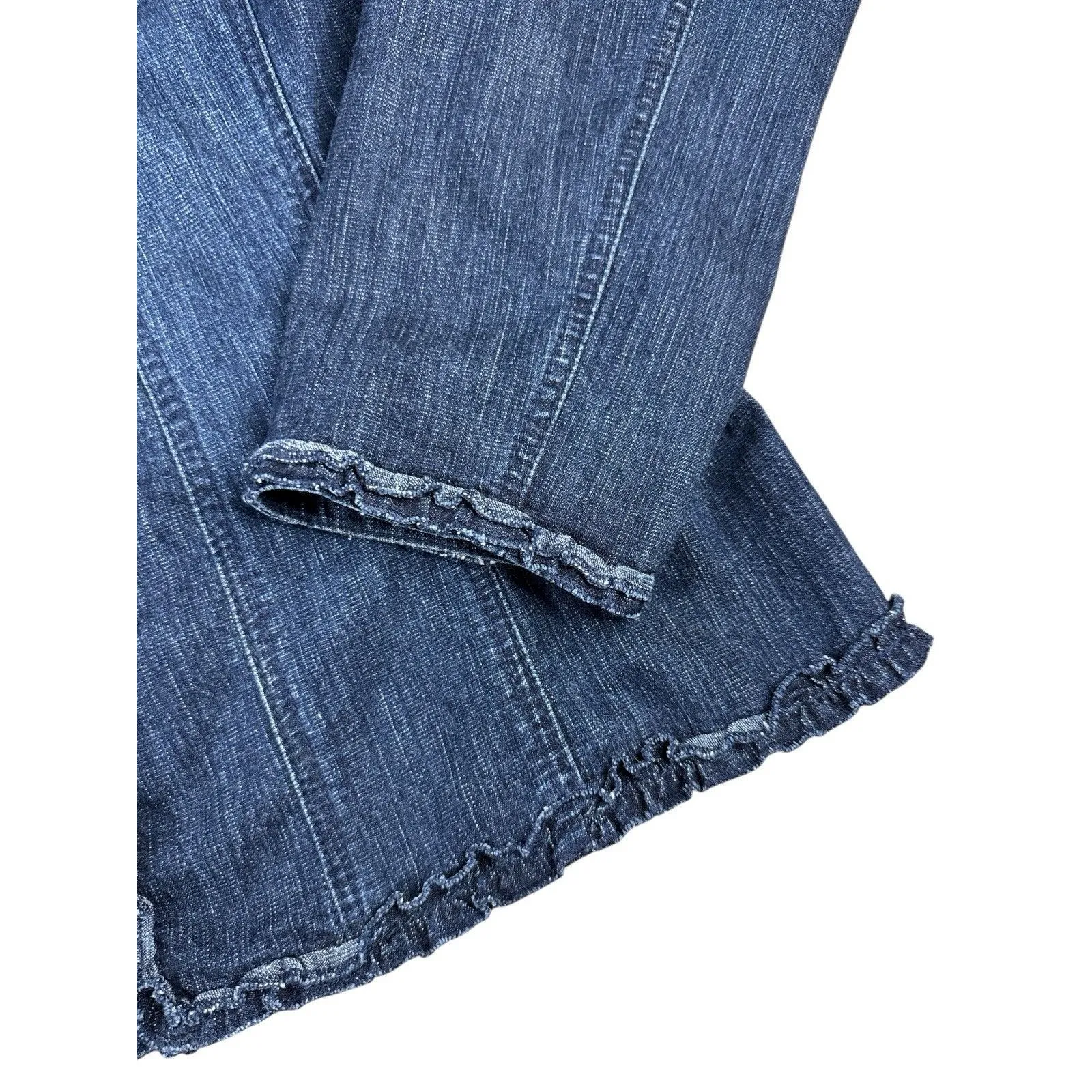 Chico’s Denim Jacket Size 2 Dark Wash Open Front Ruffle Trim Hem Casual Layering - Image 4