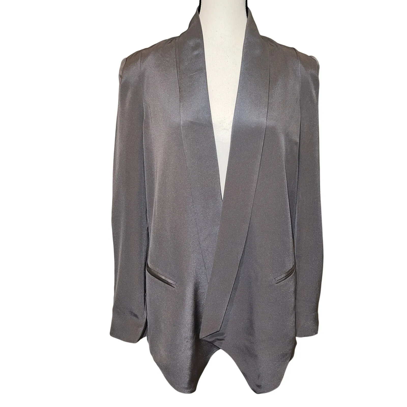 Rebecca Minkoff Becky Gray 100% Silk Blazer Long Lapel Push Up Sleeve Size 4 - Image 2