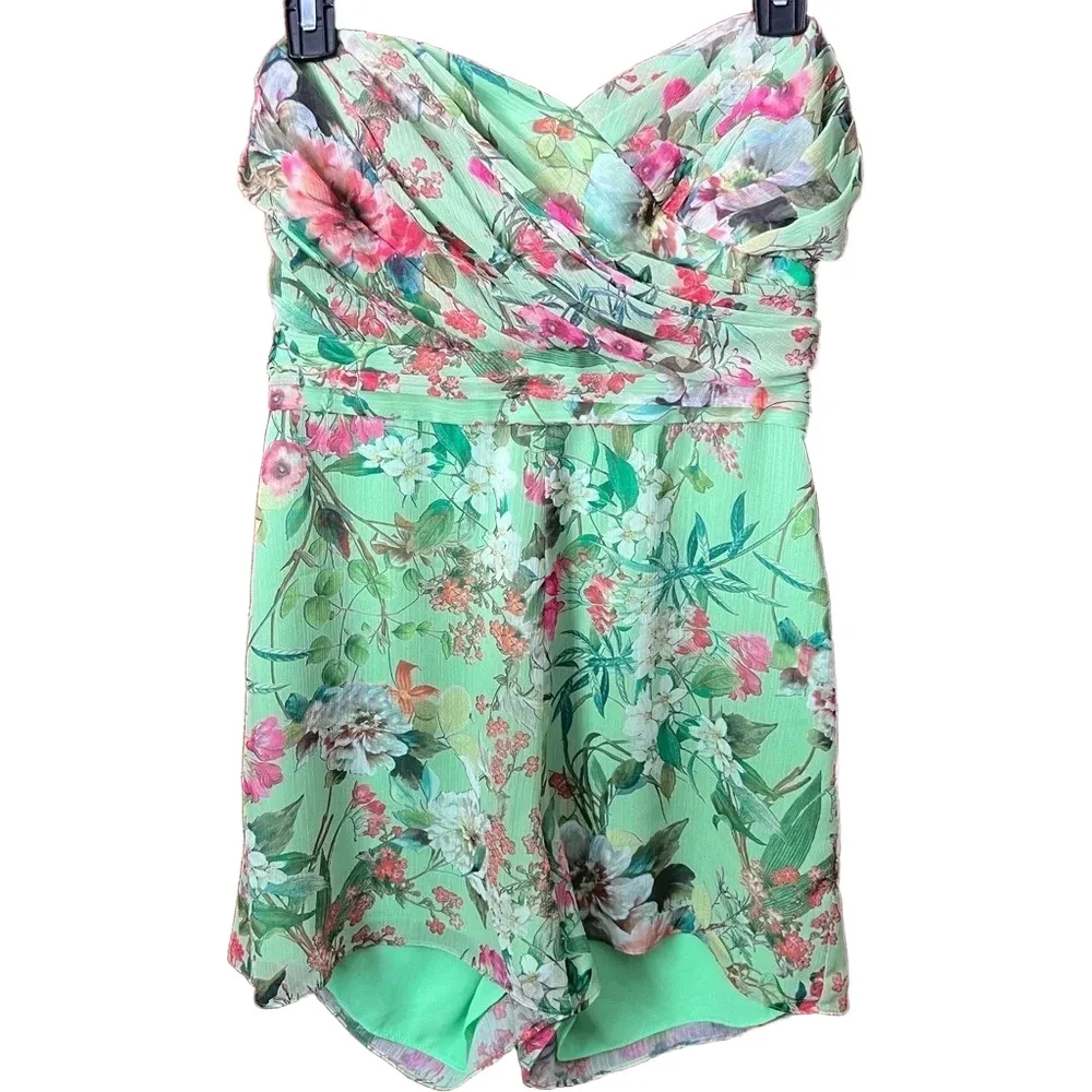 Jay Godfrey Lydia Green Floral Print Strapless Romper Shorts Size 6 Pleated - Image 2