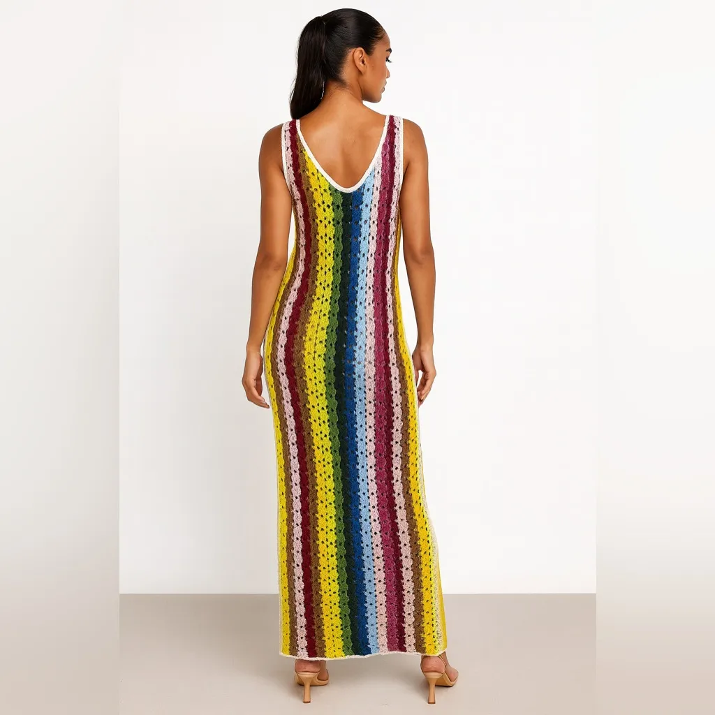 MOTHER Rainbow Crochet Maxi Dress Sleeveless V Neck Boho one size fits all‼️ Yellow - Image 2