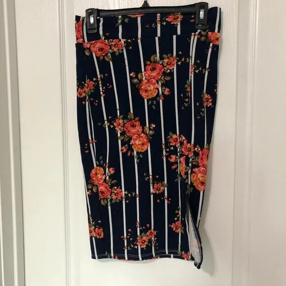 Rainbow Preowned Womens Floral‎ Stripe Pencil Skirt Navy White Coral Size Medium - Image 3