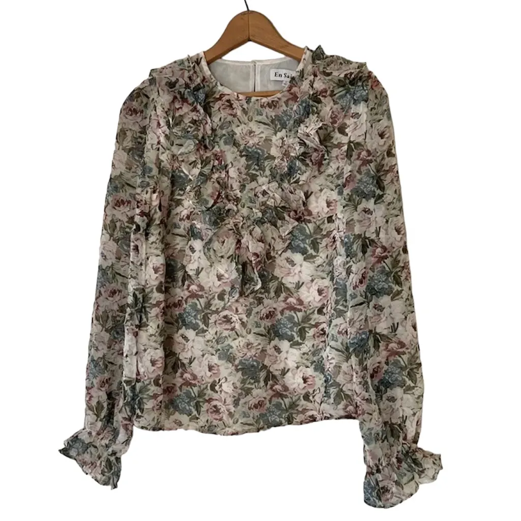 en saison Fleur Floral Ruffle‎ Panel Blouse Women’s Size Small Green - Image 4