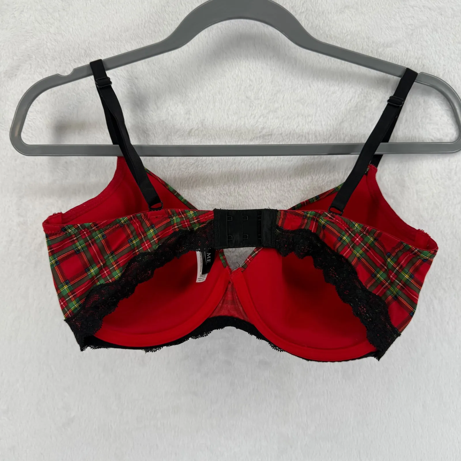 Adore Me 34DD Plaid‎ Print Bra Black Lace Trim Lingerie Red Green - Image 2