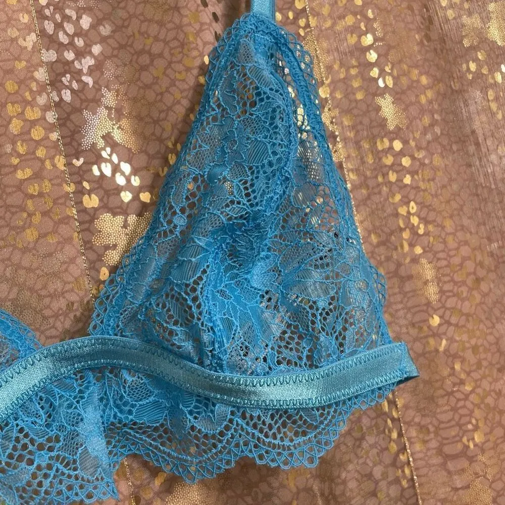 Free People Bright Eyes Romantic Coquette Blue Sheer Lace Bralette Small NWOT - Image 3