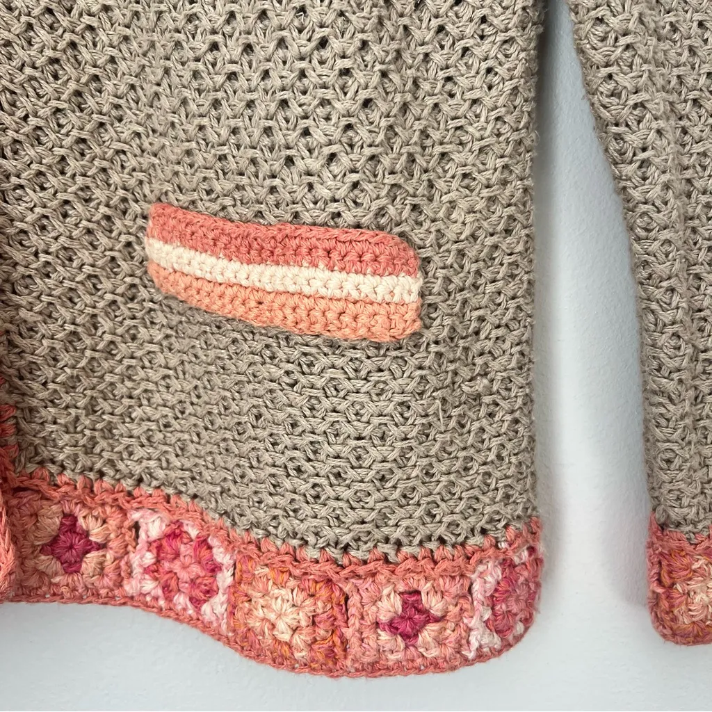 J Jill Linen Open Knit Crochet Cardigan Beige Granny Square Size Medium Petite Tan - Image 2