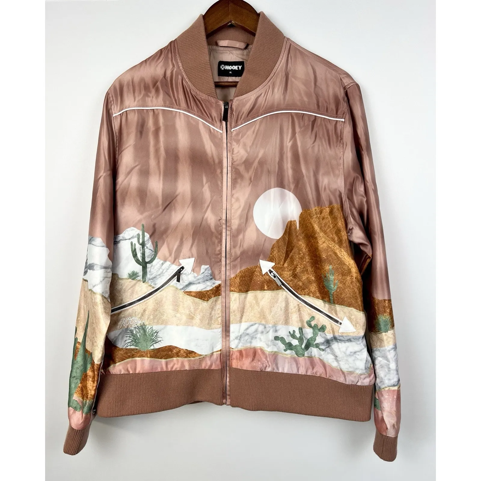 Hooey Satin Bomber Jacket XL Women’s Pink Desert Western Landscape Print Zip Up Brown - Image 6