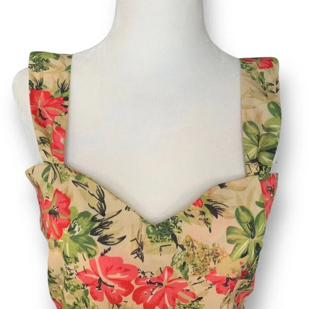 Blistella Crop Top Tan Red Tropical Floral Detail Sleeveless Sweetheart Neck Size M - Image 2