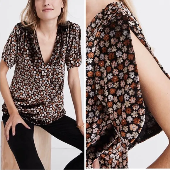 Madewell velvet tulip-sleeve ruffle top in petite blooms true black size xxs - Image 2